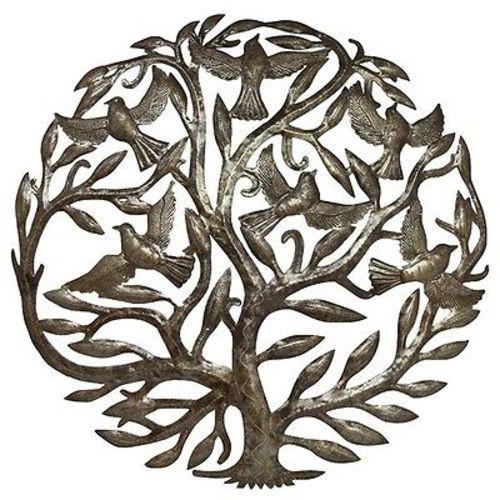 Tree of Life and Birds in Flight Haitian Metal Drum Wall Art, 24"