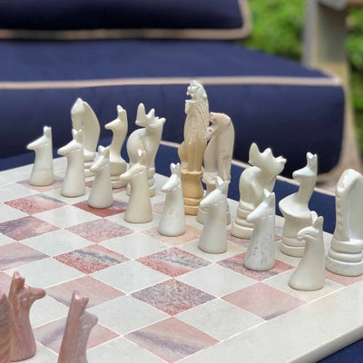Soapstone Hand-Carved Chess Set - Safari Animal Pieces