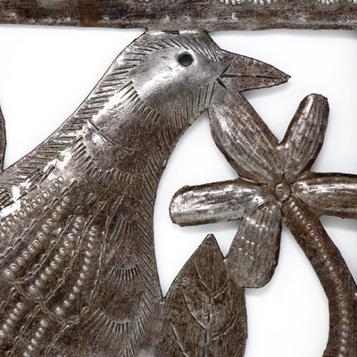 Single Bird Ringed Haitian Metal Drum Square Wall Art (11" x 12")