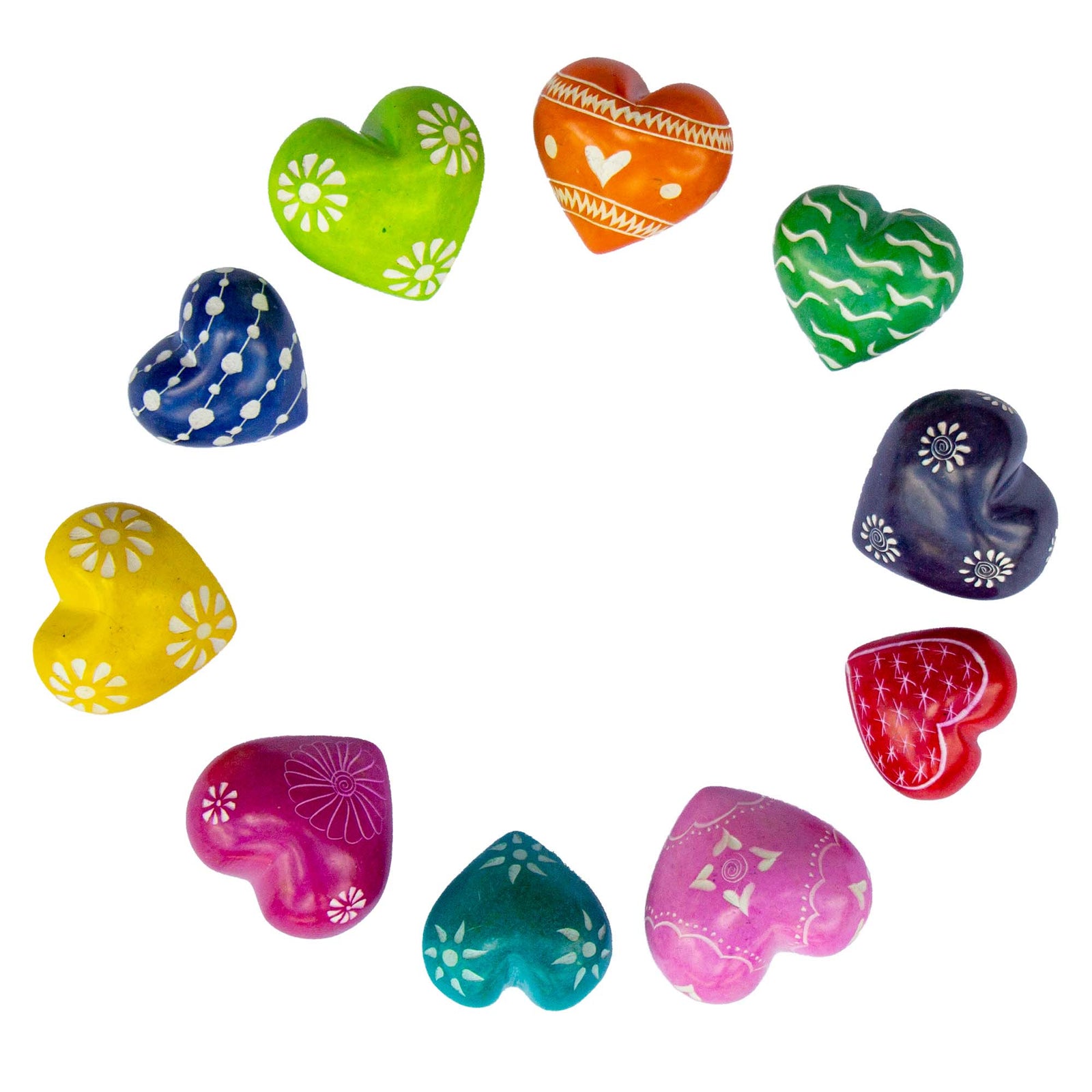 10-Pack - Soapstone Hearts - 1.5-inch - Assorted Colors with Designs