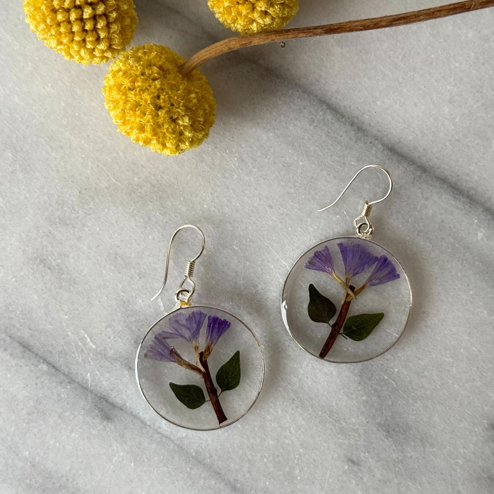 lavender flower earrings Alpaca Silver Round Pressed Purple Flower Round Dangle Earrings