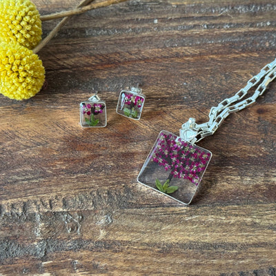 Alpaca Silver Pressed Square Flower Purple Tree Pendant Necklace