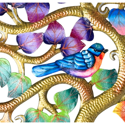 Vibrant Four Season Tree of Life with Birds Steel Drum Wall Art, 14 inch