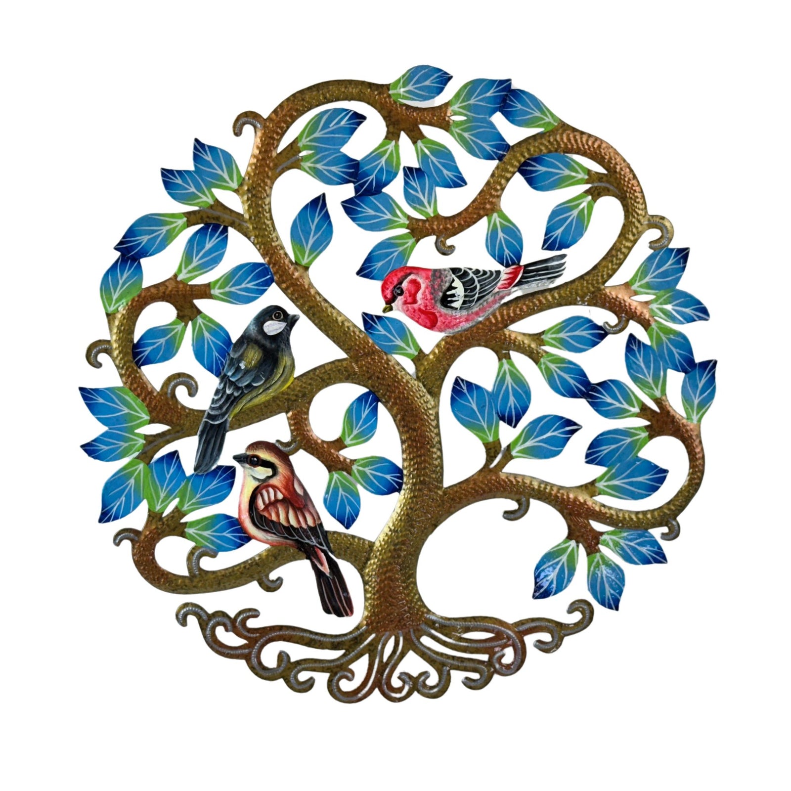 Bursting Blue Tree of Life with Birds Steel Drum Wall Art, 14 inch