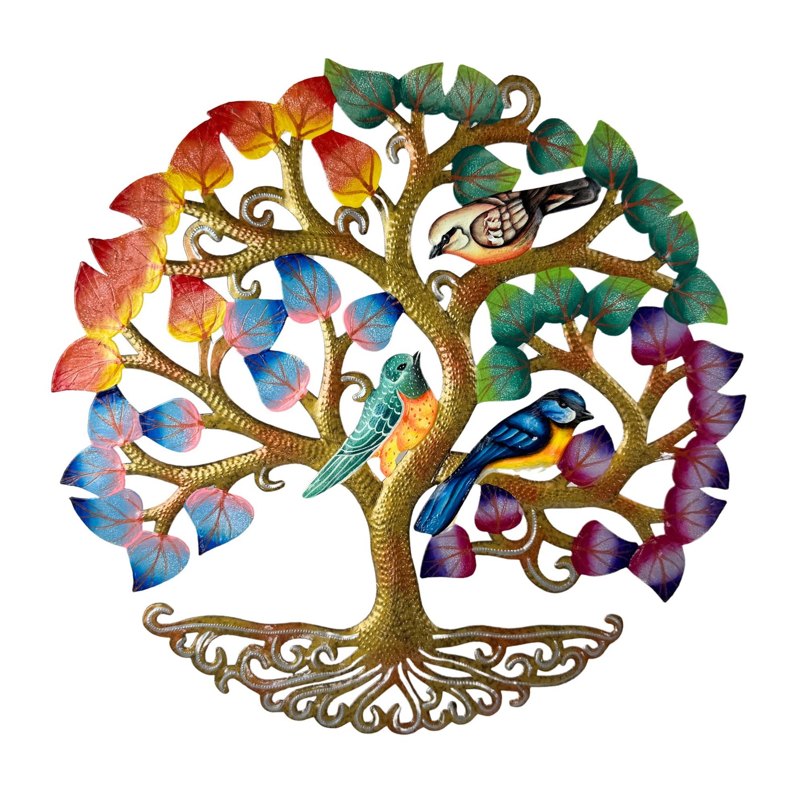 Golden Autumn Tree of Life with Birds Steel Drum Wall Art, 14 inch