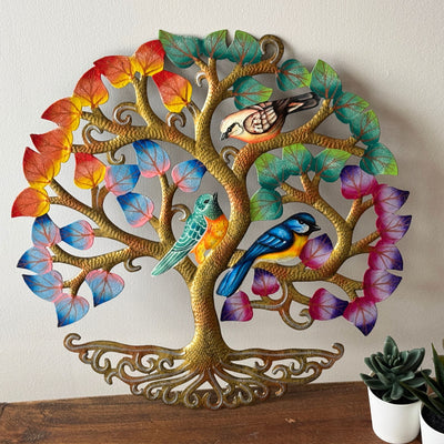 Golden Autumn Tree of Life with Birds Steel Drum Wall Art, 14 inch