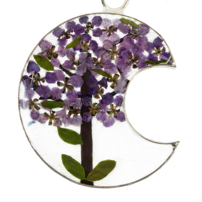 Alpaca Silver Pressed Flower Crescent Pendant Necklace - MIXED COLORS