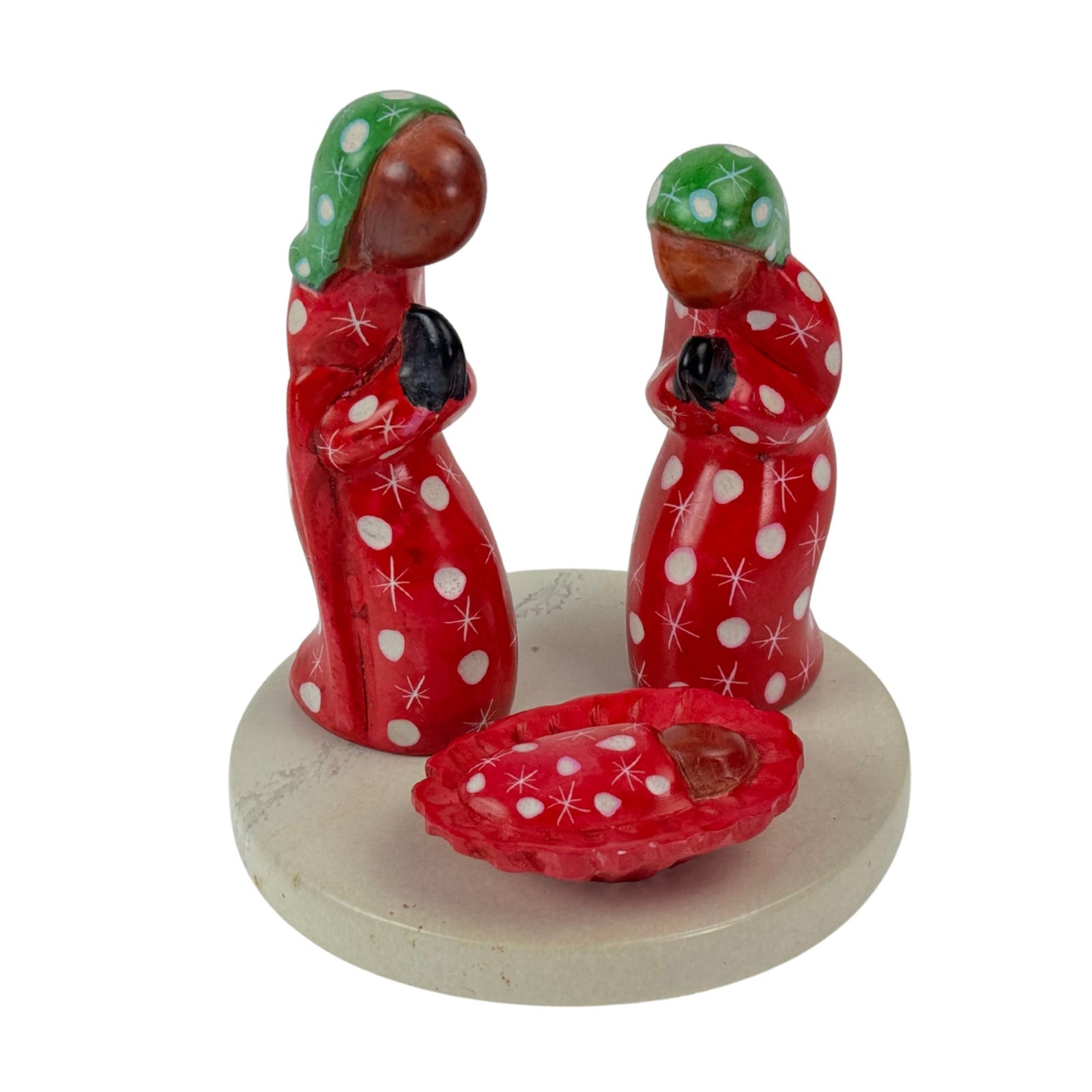 Soapstone Painted 3-Piece + Base Creche Nativity Set Christmas Colors