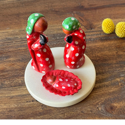 Soapstone Painted 3-Piece + Base Creche Nativity Set Christmas Colors
