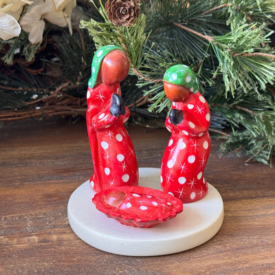 Soapstone Painted 3-Piece + Base Creche Nativity Set Christmas Colors