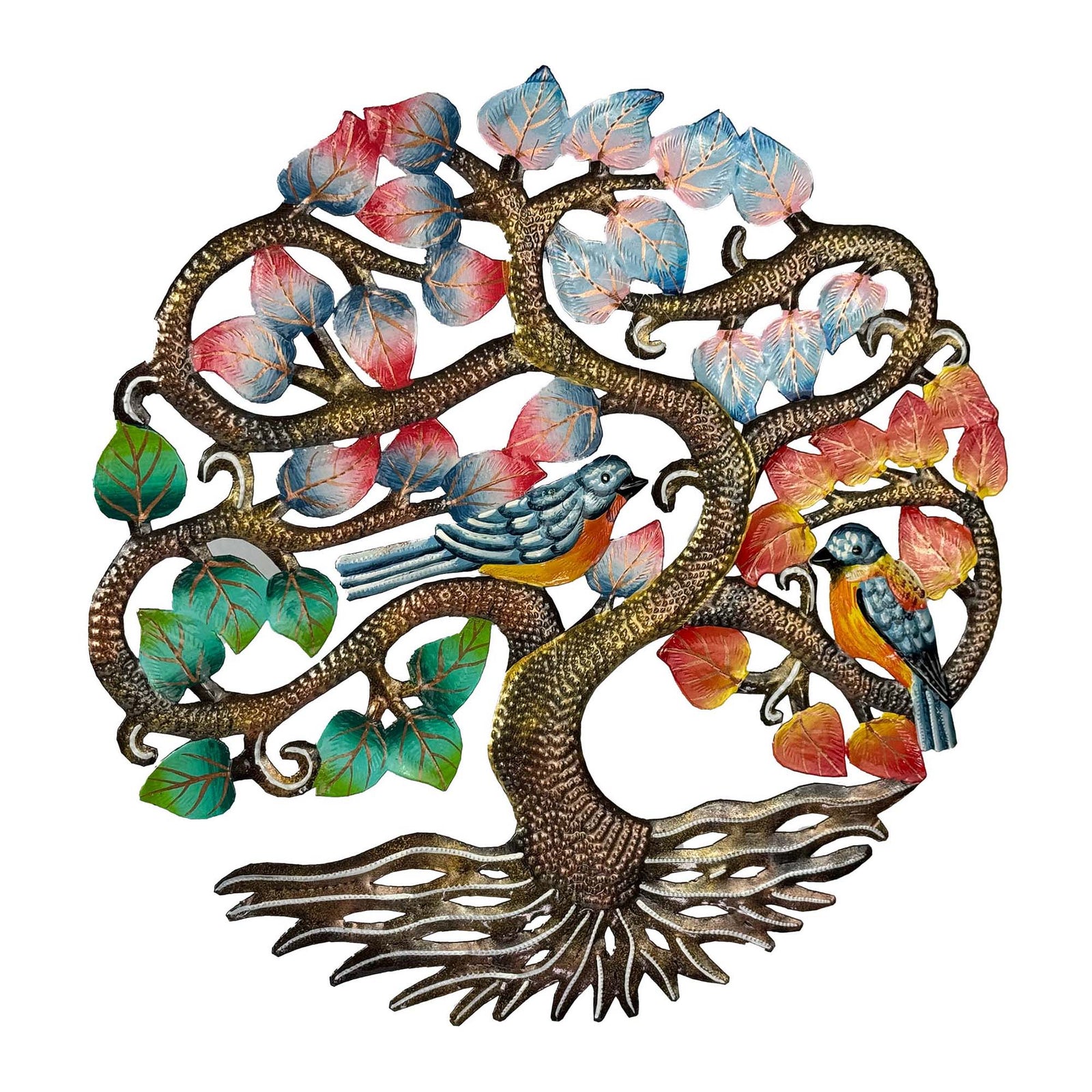 Vibrant Four Season Tree of Life with Birds Steel Drum Wall Art, 14 inch