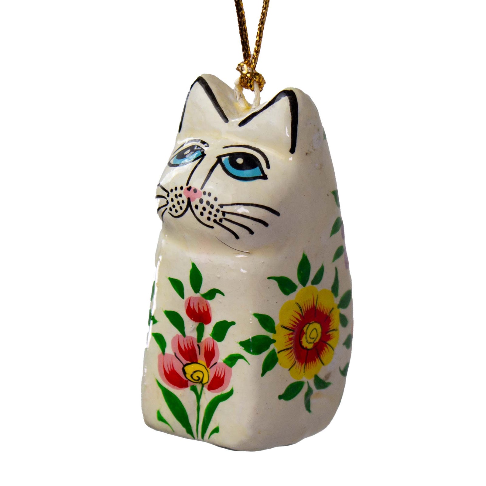 Handpainted Kashmiri Sitting Cat, Cream Pink Flowers