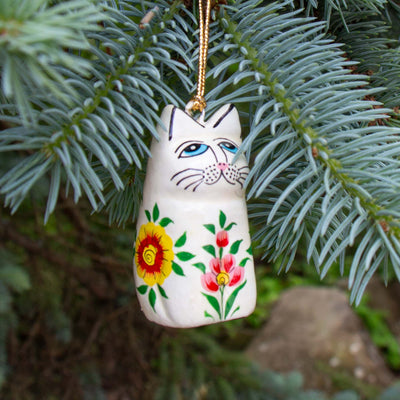Handpainted Kashmiri Sitting Cat, Cream Pink Flowers