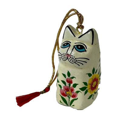 Handpainted Kashmiri Sitting Cat, Cream Pink Flowers