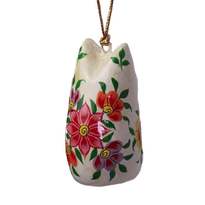 Handpainted Kashmiri Sitting Cat, Cream Pink Flowers