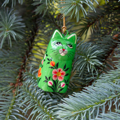 Handpainted Kashmiri Sitting Cat, Green