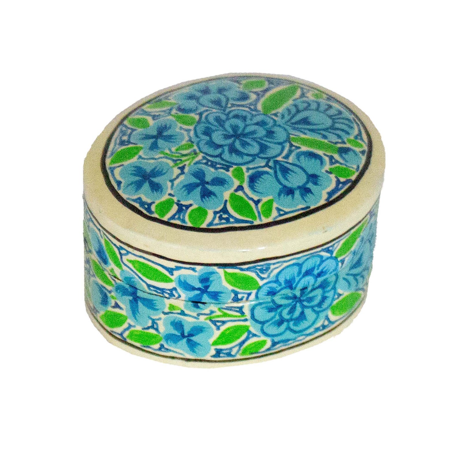 Handpainted Kashmiri Box, Verdant with Blue Flowers