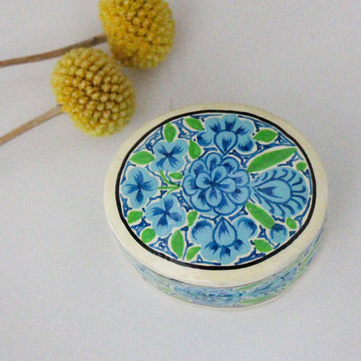 Handpainted Kashmiri Box, Verdant with Blue Flowers