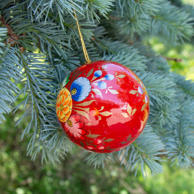 Handpainted Ornament Festive Red with Exploding Flowers