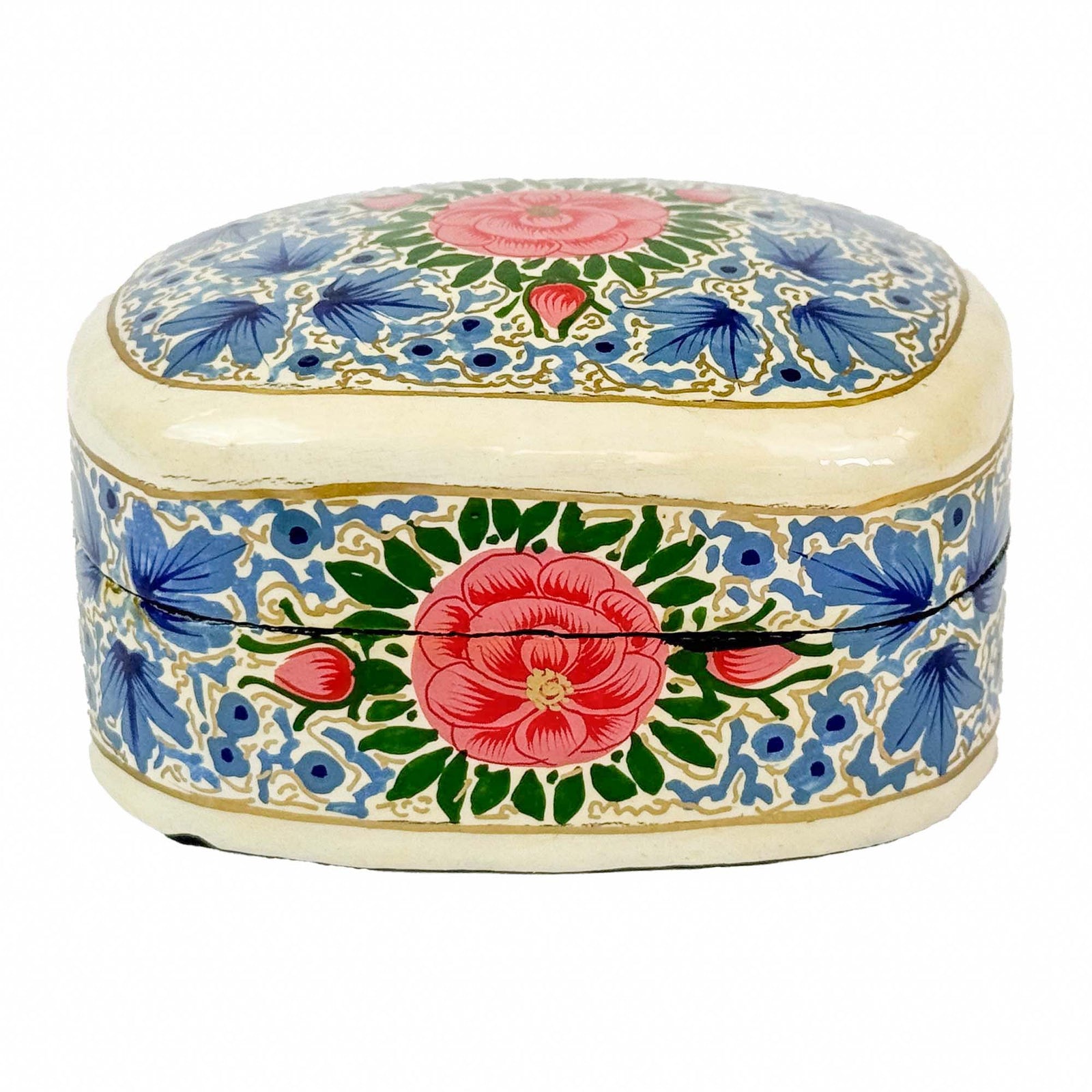 Handpainted Kashmiri Wood Box, Blue with Peony