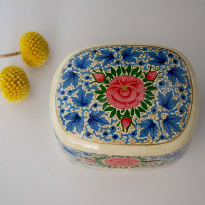 Handpainted Kashmiri Wood Box, Blue with Peony