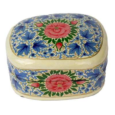 Handpainted Kashmiri Wood Box, Blue with Peony