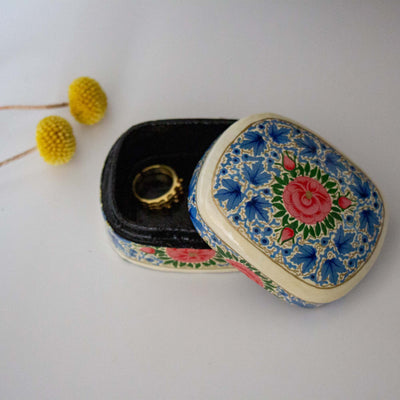 Handpainted Kashmiri Wood Box, Blue with Peony
