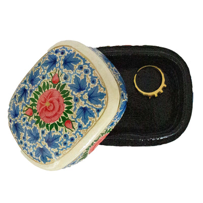 Handpainted Kashmiri Wood Box, Blue with Peony