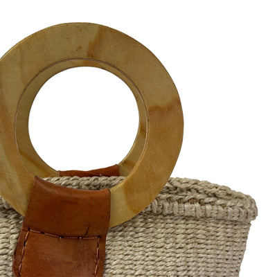 Natural Sisal Bag with Wood Handles, Two Tone Natural