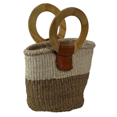 Natural Sisal Bag with Wood Handles, Two Tone Natural