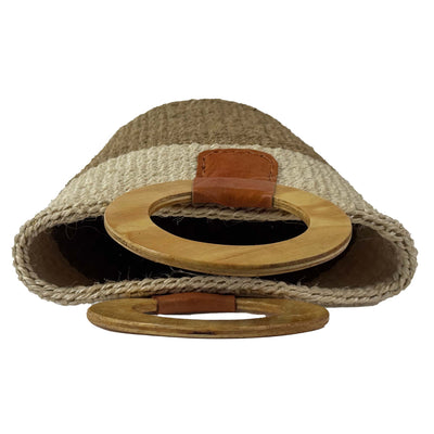 Natural Sisal Bag with Wood Handles, Two Tone Natural