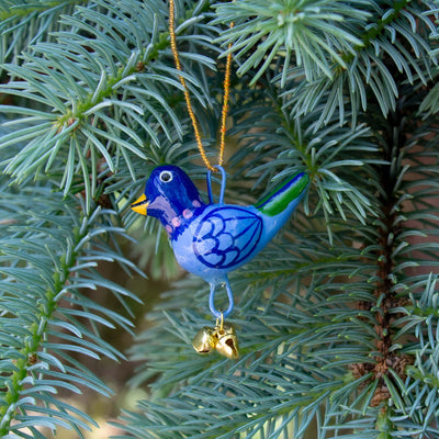 Handpainted Blue Birdie Ornament with Gungroos Bells, Set of 3