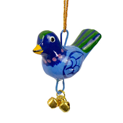 Handpainted Blue Birdie Ornament with Gungroos Bells, Set of 3