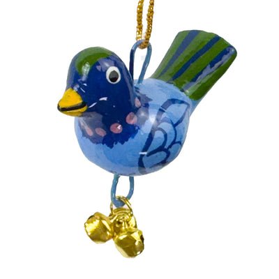 Handpainted Blue Birdie Ornament with Gungroos Bells, Set of 3