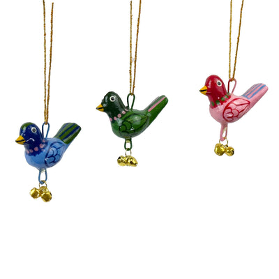 Handpainted Blue Birdie Ornament with Gungroos Bells, Set of 3