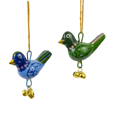 Handpainted Blue Birdie Ornament with Gungroos Bells, Set of 3