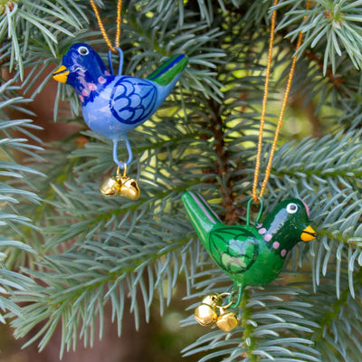 Handpainted Blue Birdie Ornament with Gungroos Bells, Set of 3