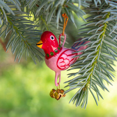 Handpainted Pink Birdie Ornament with Gungroos Bells, Set of 3