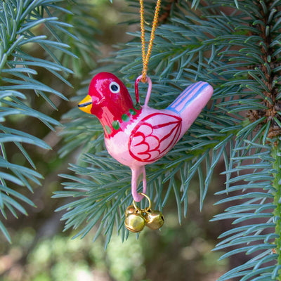 Handpainted Pink Birdie Ornament with Gungroos Bells, Set of 3
