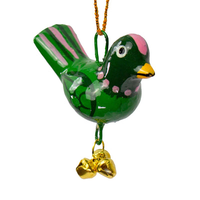 Handpainted Green Birdie Ornament with Gungroos Bells, Set of 3