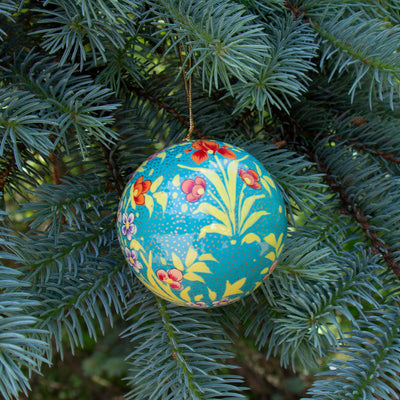 Handpainted Ornament Teal with Peony Flowers, Set of 3