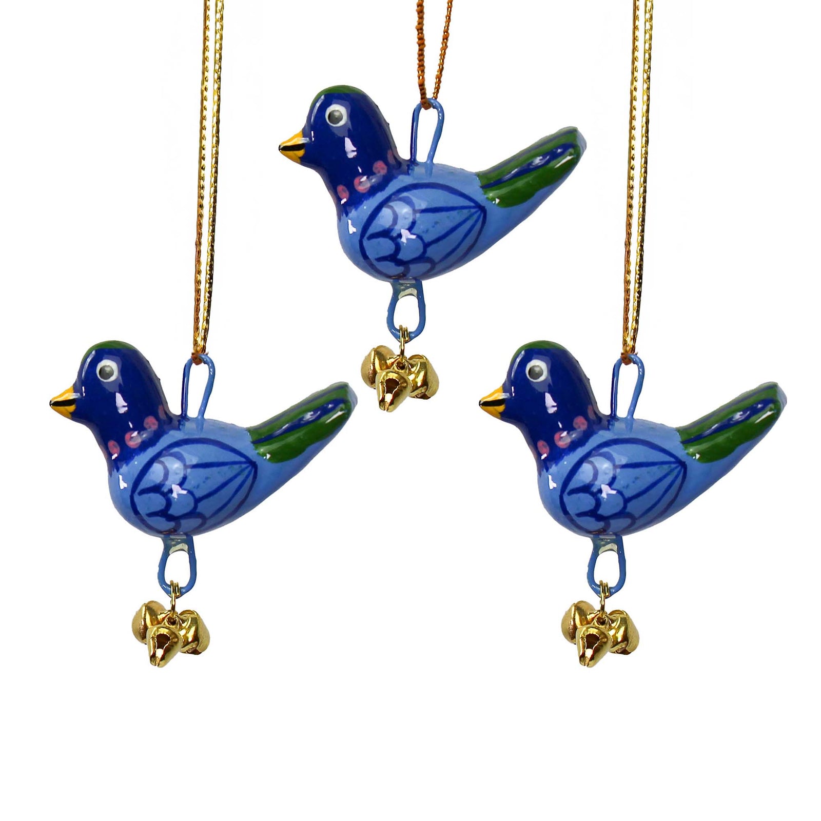 Handpainted Blue Birdie Ornament with Gungroos Bells, Set of 3