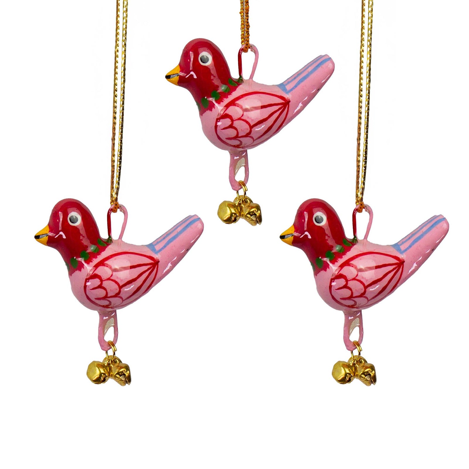 Handpainted Pink Birdie Ornament with Gungroos Bells, Set of 3