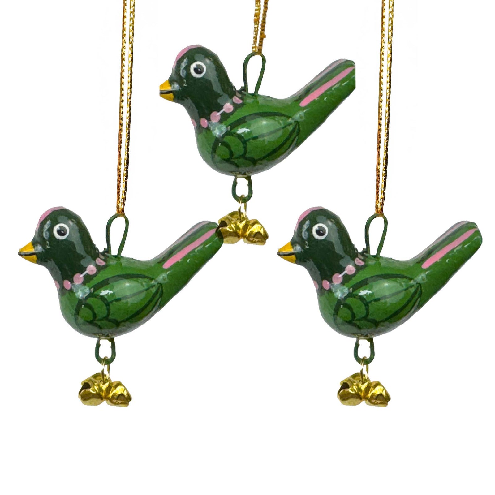 Handpainted Green Birdie Ornament with Gungroos Bells, Set of 3