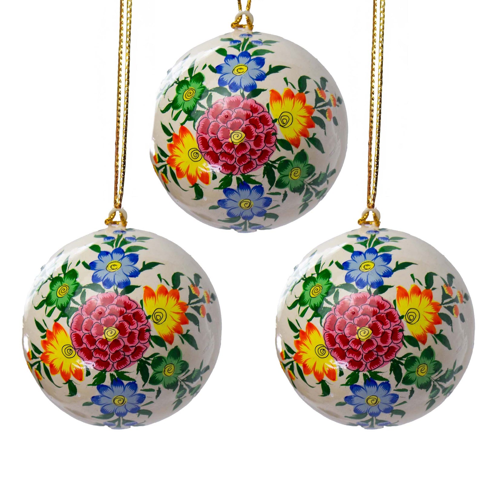 Handpainted Ornament Cream with Burst of Flowers, Set of 3