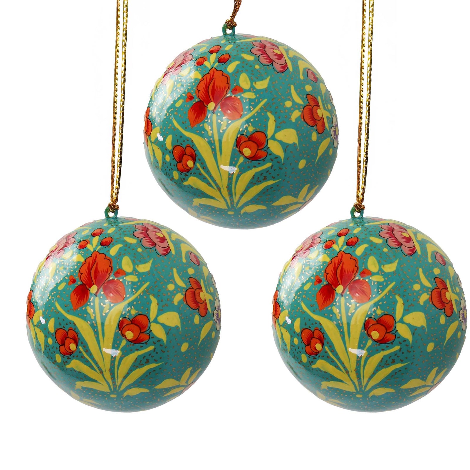 Handpainted Ornament Teal with Peony Flowers, Set of 3