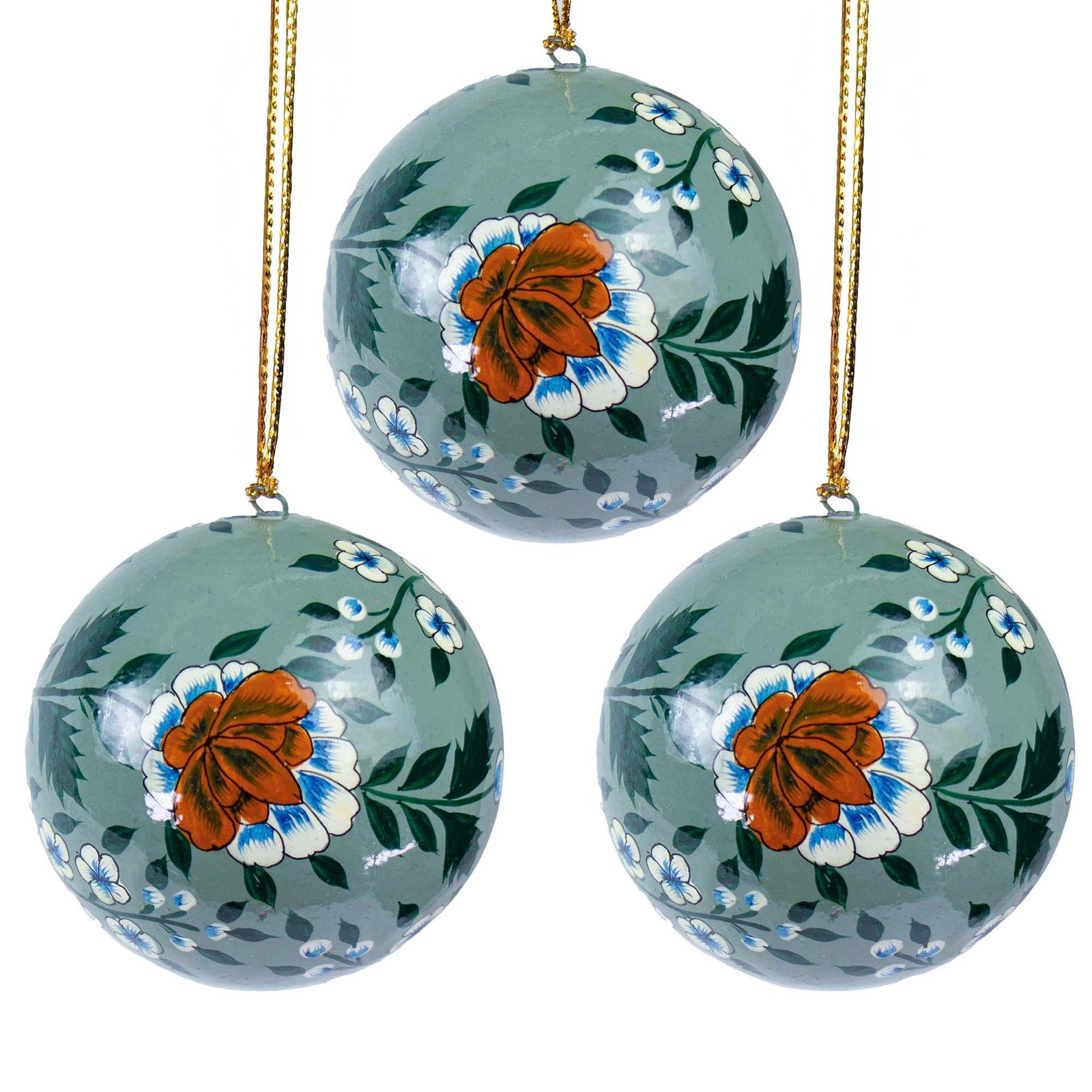 Handpainted Ornament Putty Background with Cream Accented Flowers, Set of 3