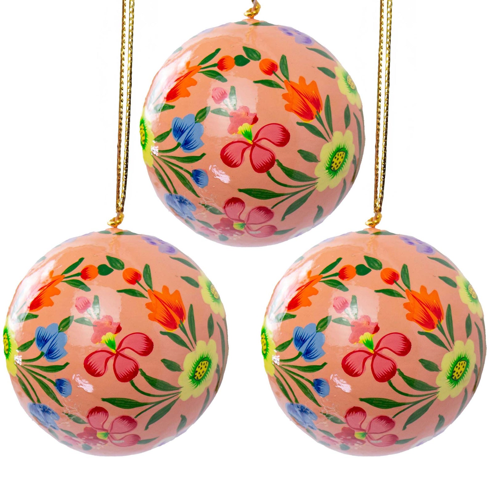 Handpainted Ornament Pink with Abundant Flowers, Set of 3