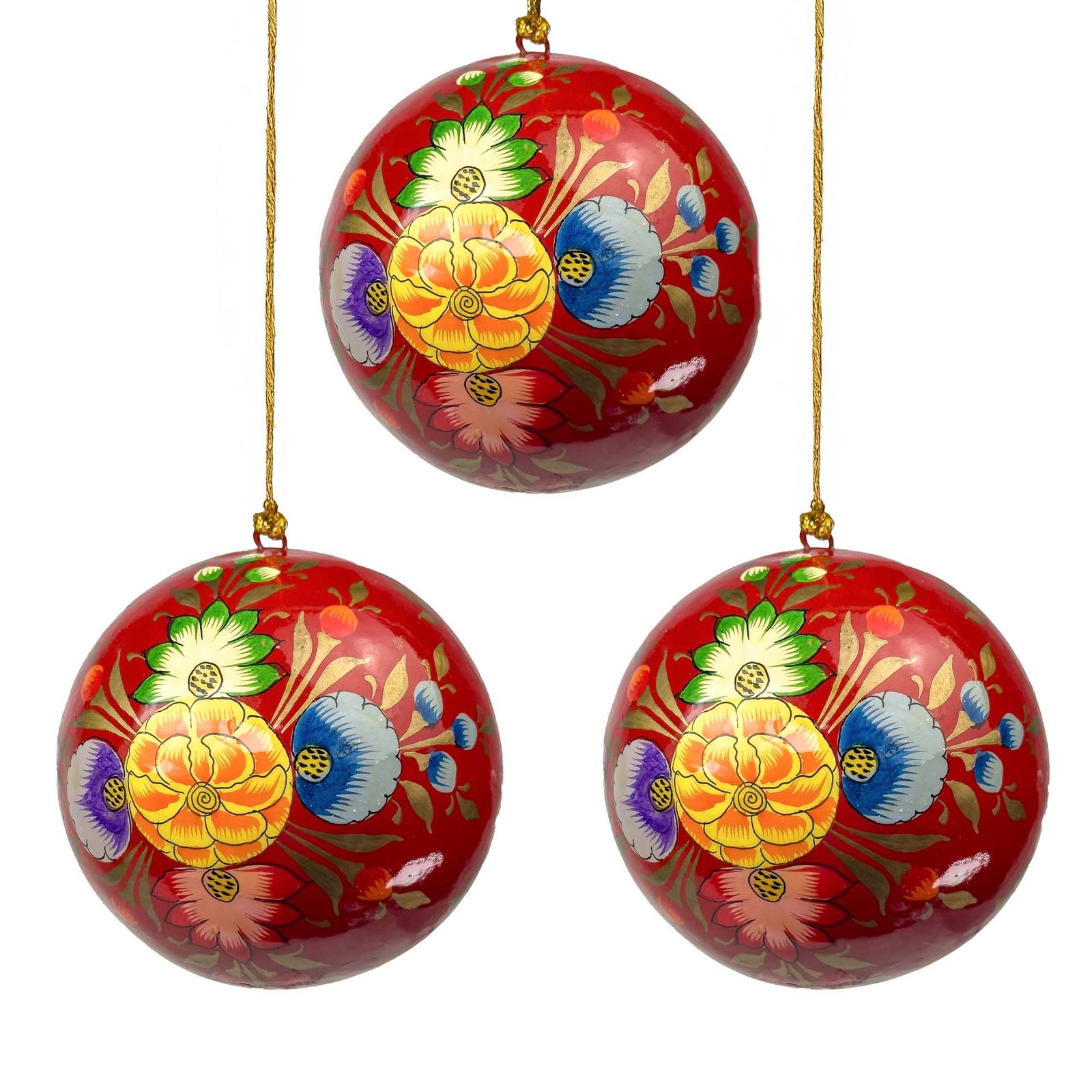 Handpainted Ornament Festive Red with Exploding Flowers, Set of 3