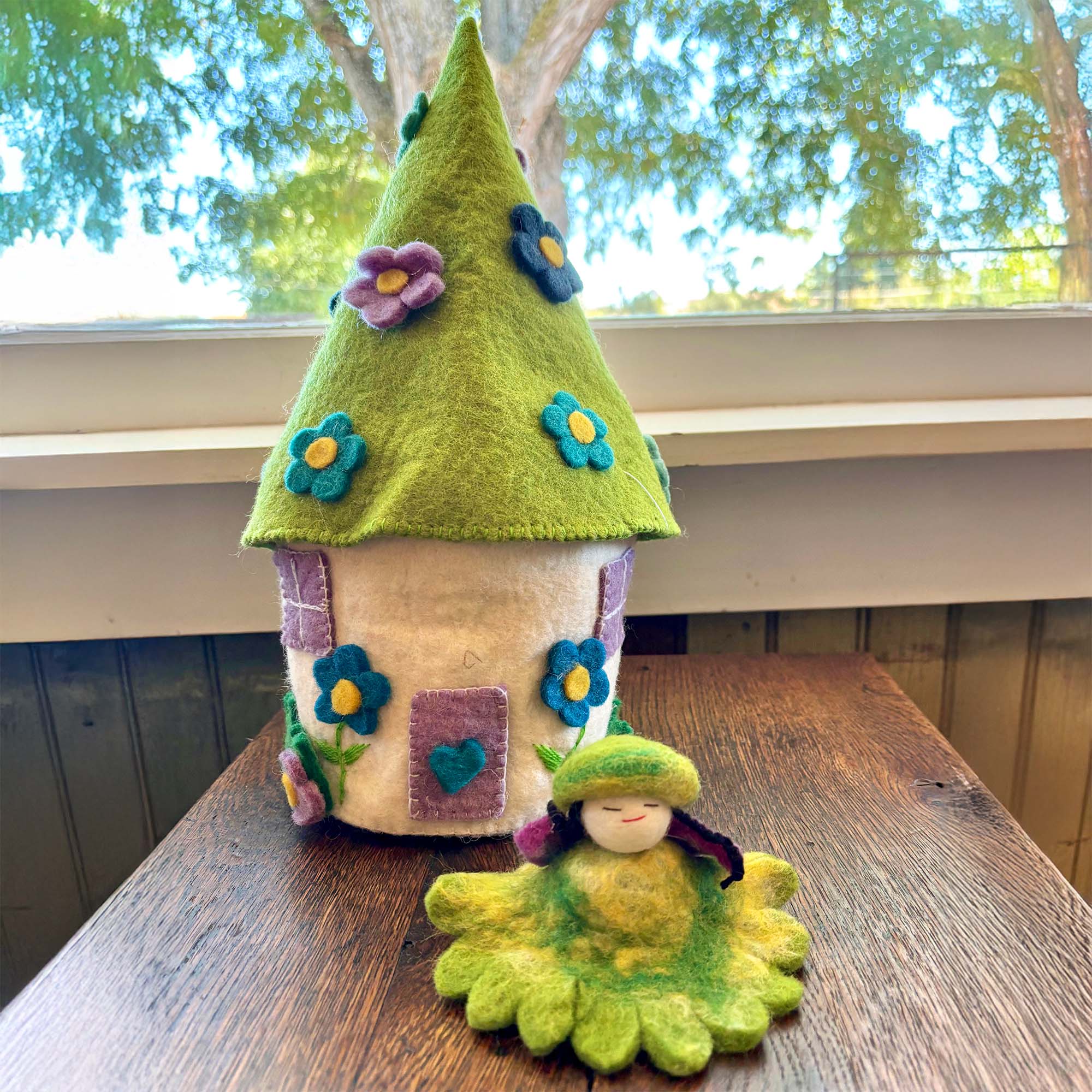 White and Purple Felt Fairy House with Fairy
